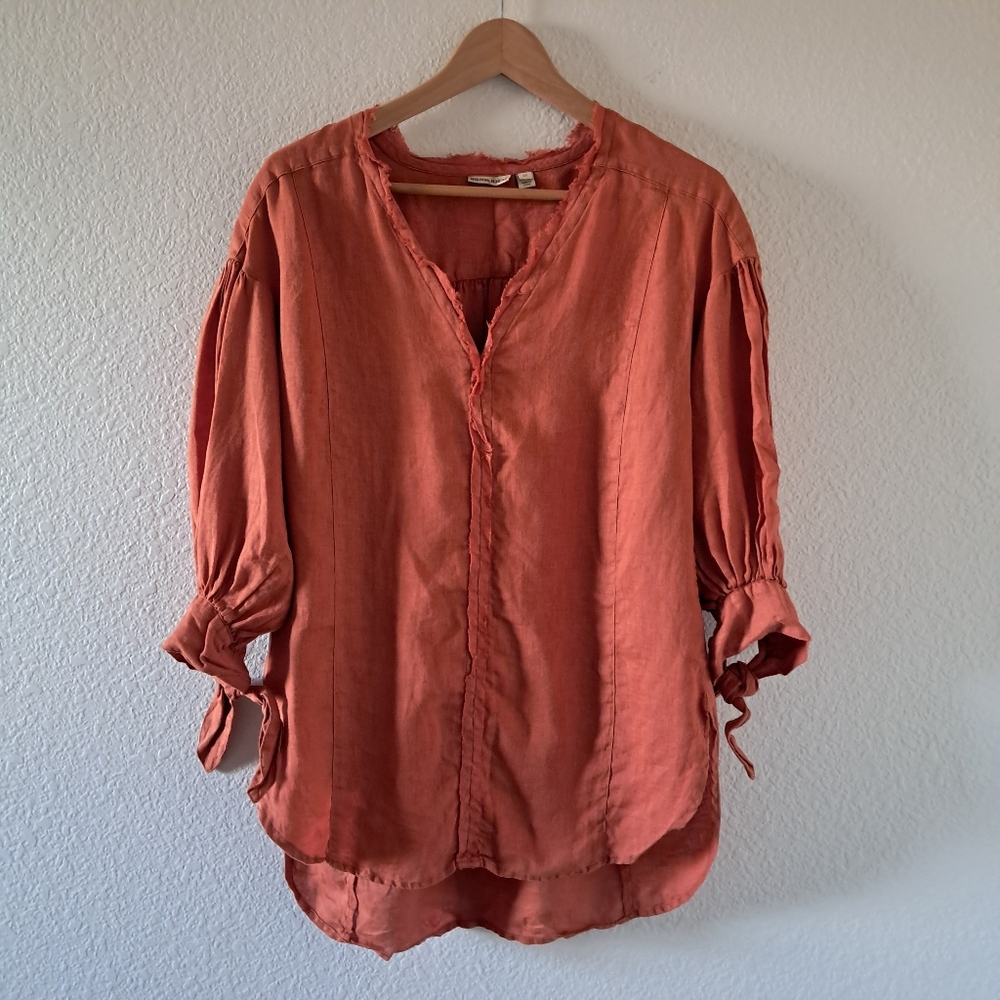Anthropologie Holding Horses Linen Tunic Top Orange Puff Sleeve Raw Hem Size XS